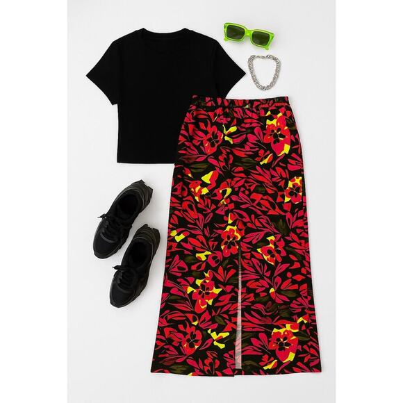 OPEN EDIT High Waist Abstract Floral Print Midi Skirt | Large | Neon Streetwear - Picture 3 of 12